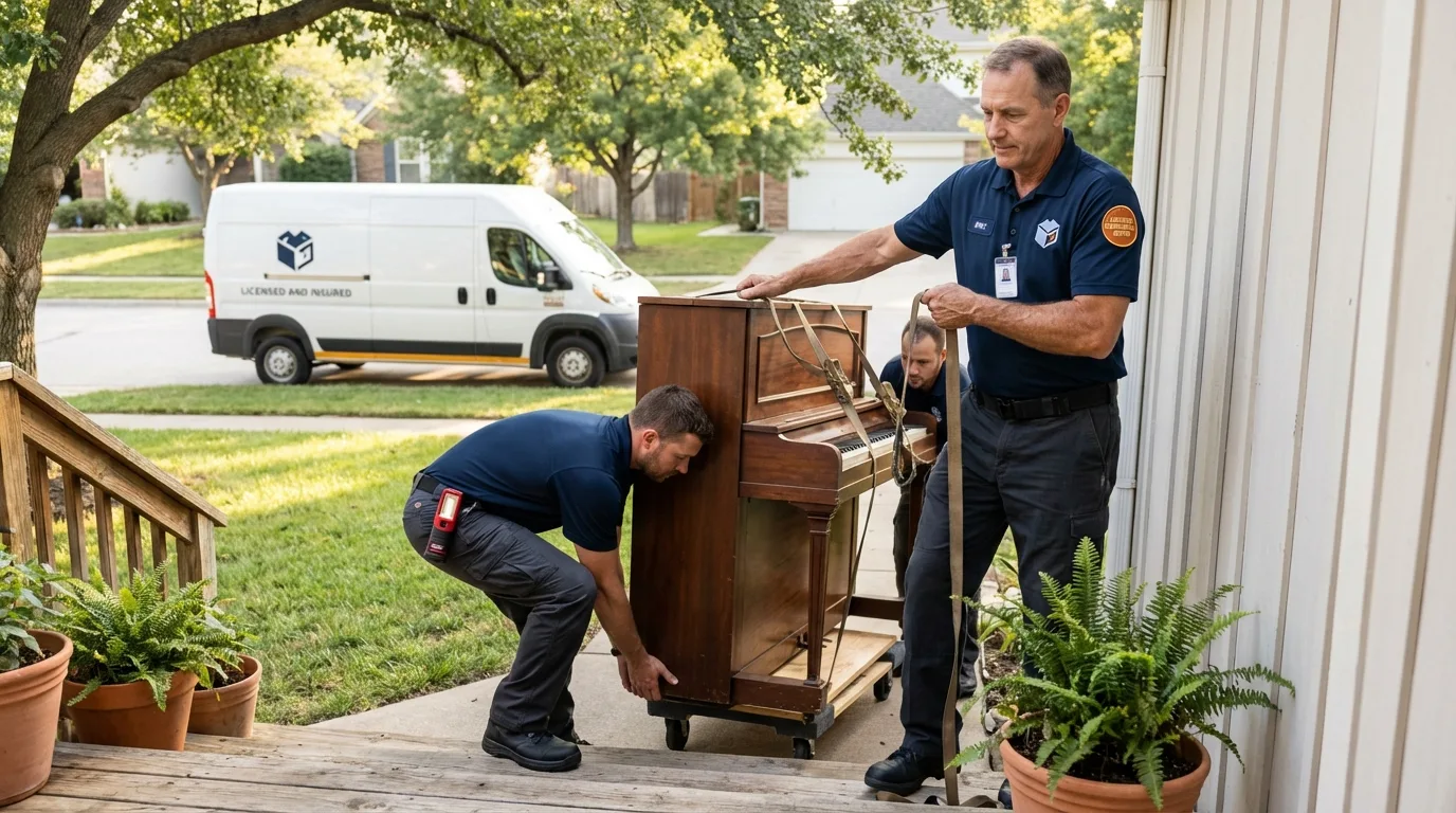 Licensed piano movers securing grand piano in Sedgwick, KS