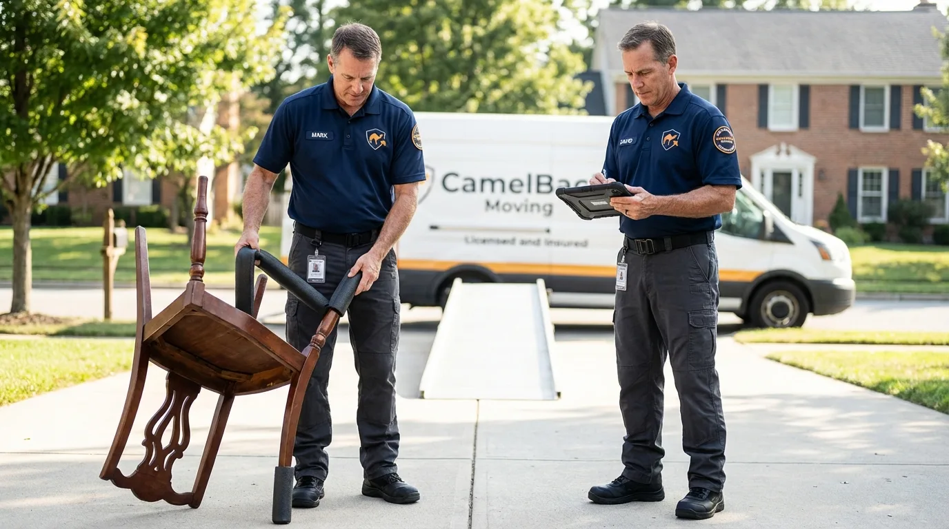 Movers inspecting furniture for damage prevention before loading in Sedgwick, KS