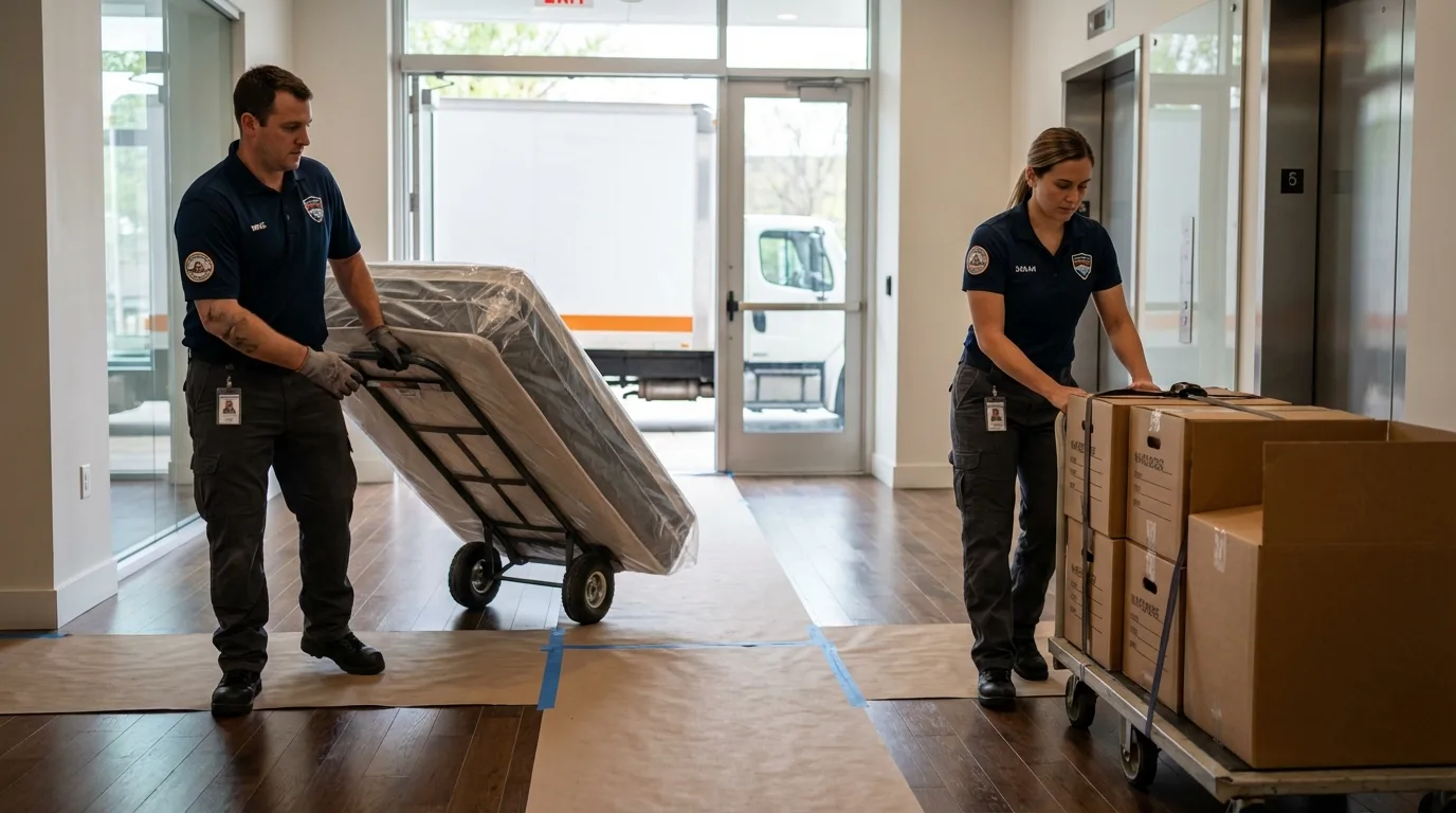 Professional apartment movers loading elevator in Sedgwick, KS